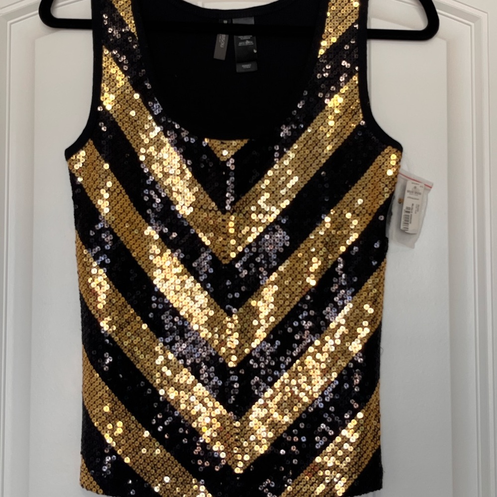 Bisou Bisou Y2K Disco Energy Black and Gold Arrow Sequin Tank Top Size M